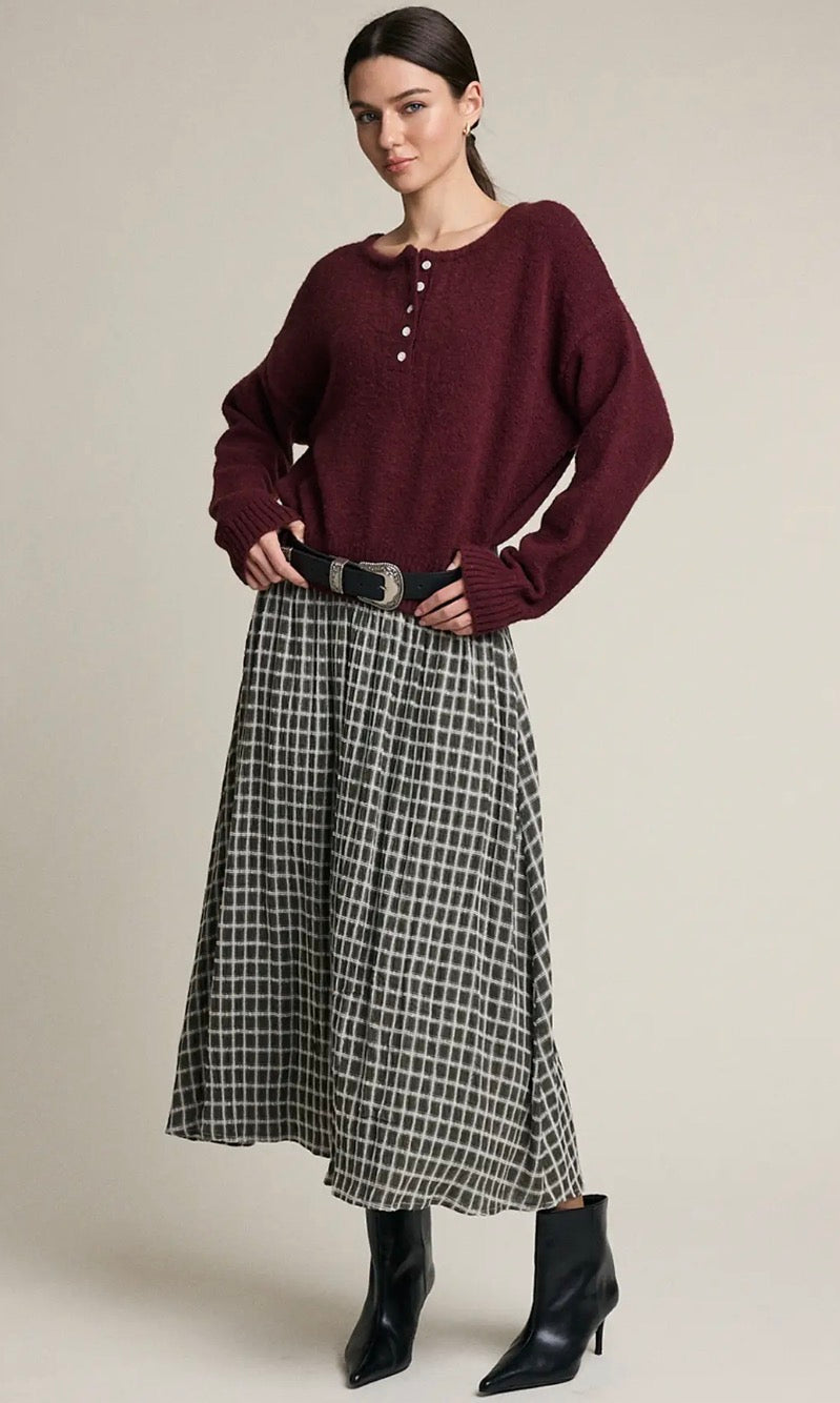 Plaid Smocked Waist Midi Skirt - Deep Khaki