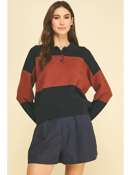 Color Block Knit Polo Sweater - Navy + Rust