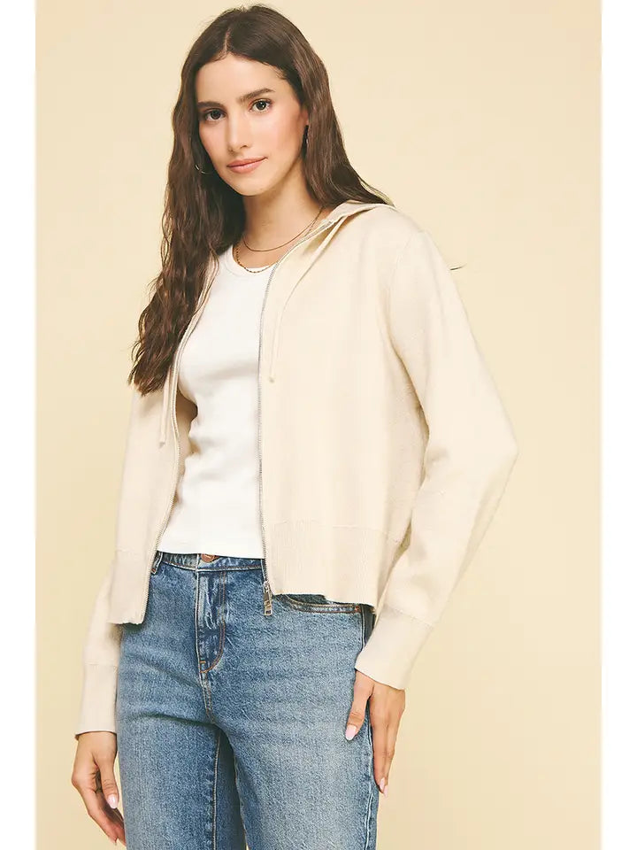 Zip-Up Hoodie Cardigan Sweater - Ivory