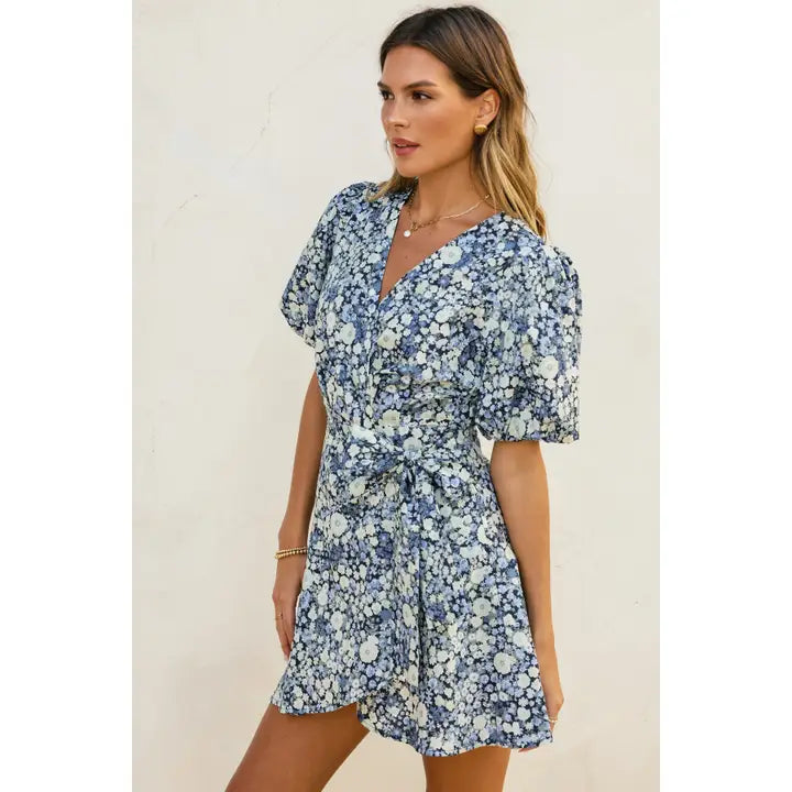 Field Daises Puff Sleeve Mini Wrap Dress - Navy Daisy