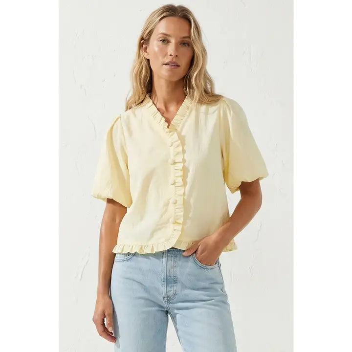 Ruffle Detail Bubble Sleeve Top - Pale Banana