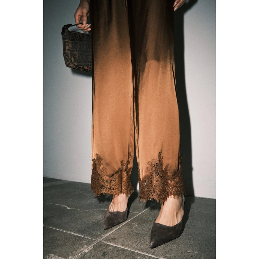 Satin Lace Hem Wide Leg Pant - Brown