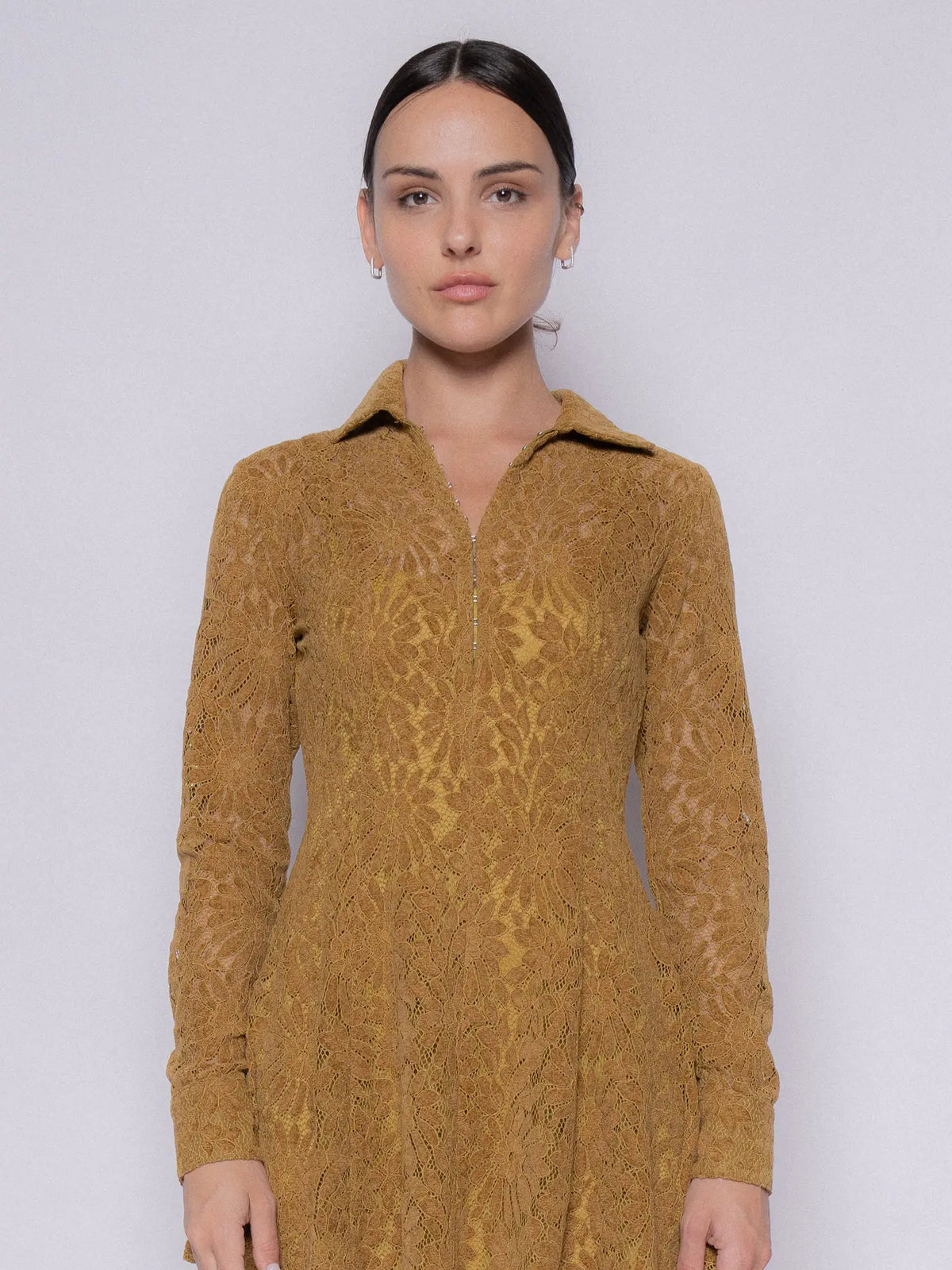 Long Sleeve Floral Lace Mini Dress- Chartreuse