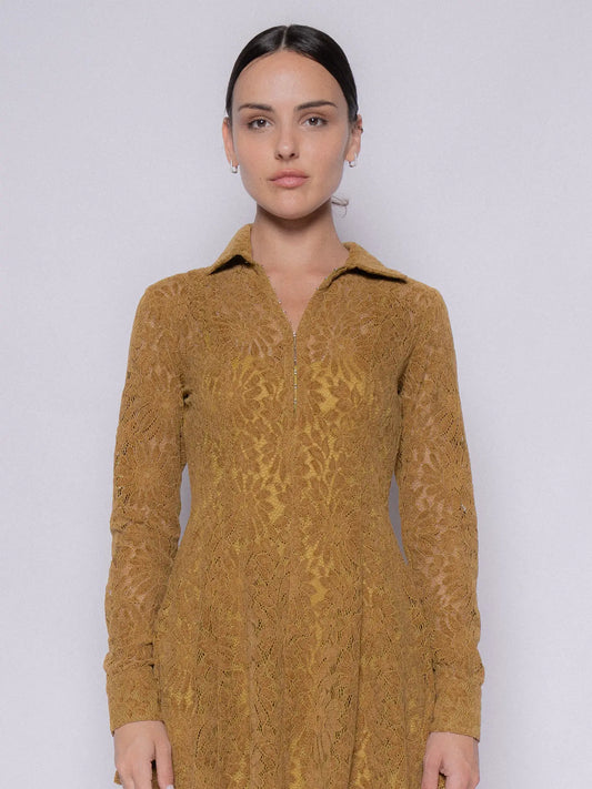 Long Sleeve Floral Lace Mini Dress- Chartreuse