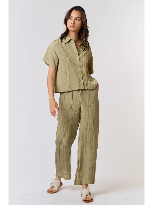Crinkle Button Down Shirt with Pants Set - Olive