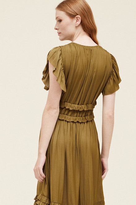 Grade + Gather - Ruffle Satin V-Neck Dress - Moss