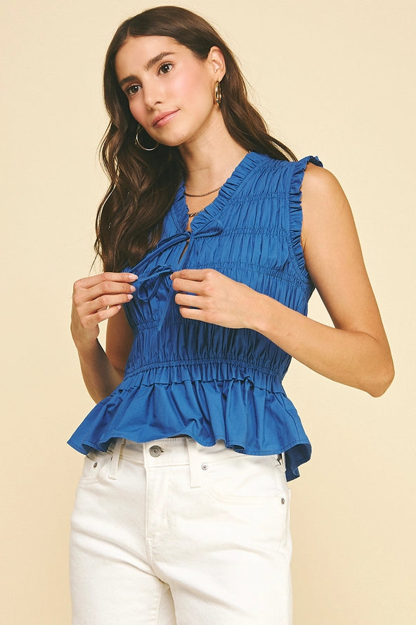 Front-Tie Smocking Top - Blue