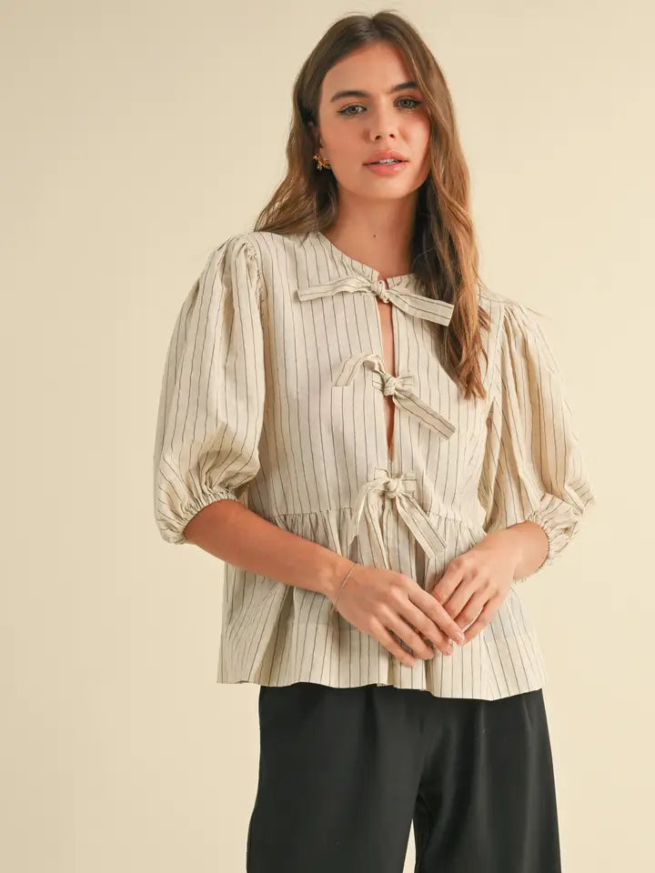 Striped Tie Front Blouse - Tan & Black