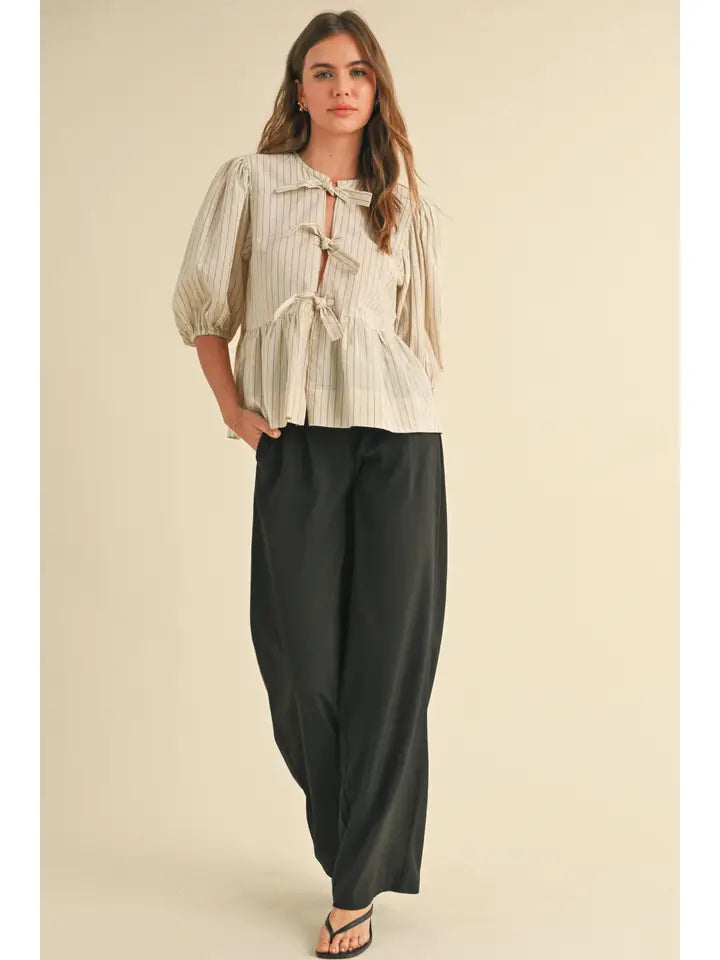 Striped Tie Front Blouse - Tan & Black