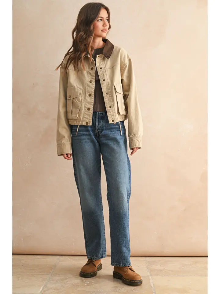Collar Contrasted Utility Jacket - Beige