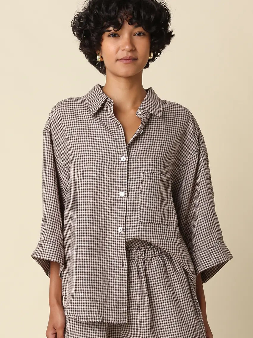 Gabi Gingham Linen Shirt - Brown Natural