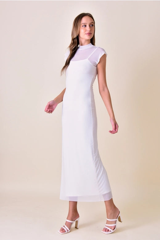 Chic Mock Neck Cap Sleeve Maxi Dress - Ivory