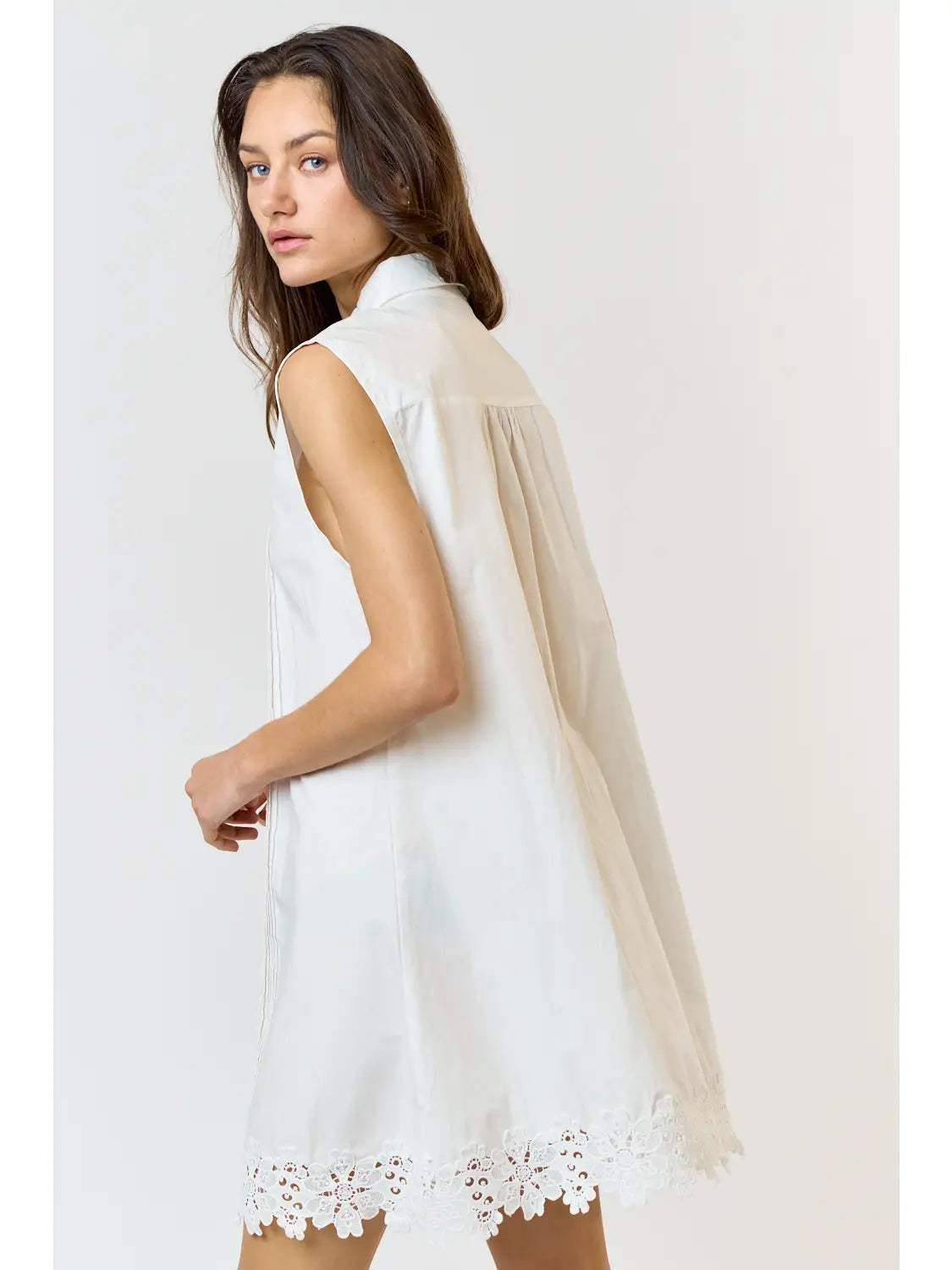 Lace Pintuck Collared Button Down Sleeveless Dress - Off White