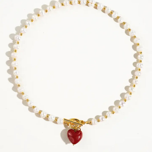 Wren Vintage Natural Pearl Heart Necklace - Red