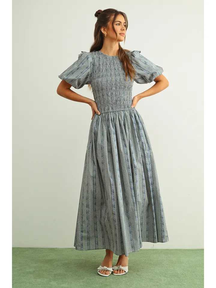 Puff Sleeve Dress - Blue Multi Floral Print