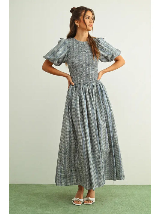 Puff Sleeve Dress - Blue Multi Floral Print