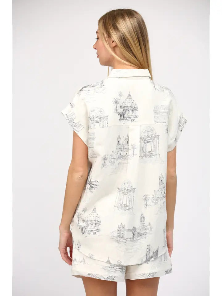 Women's Short Sleeve Short Set - Scenic Print