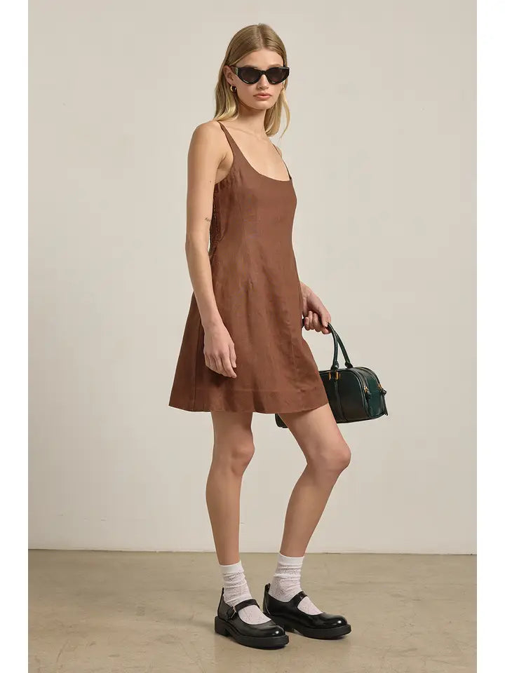 Linen Square Neck Mini Dress - Brown