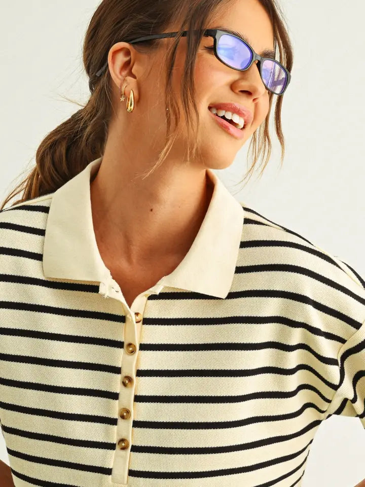 Stripe Short Sleeve Polo Shirt - Cream & Black