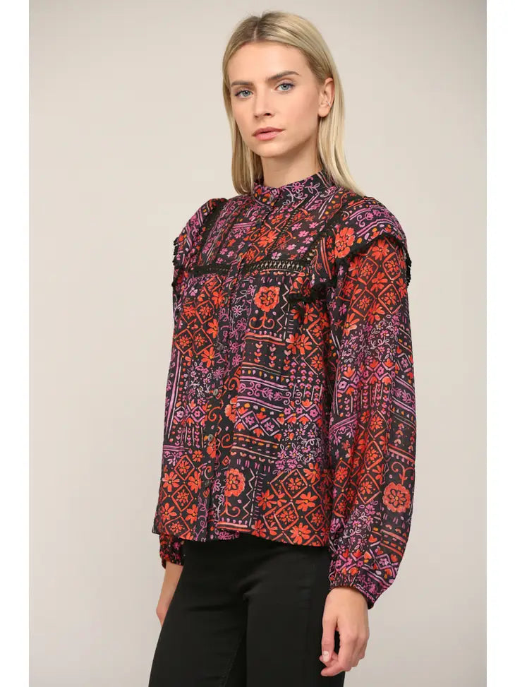 Lace Trim High Neck Blouse - Black Multi