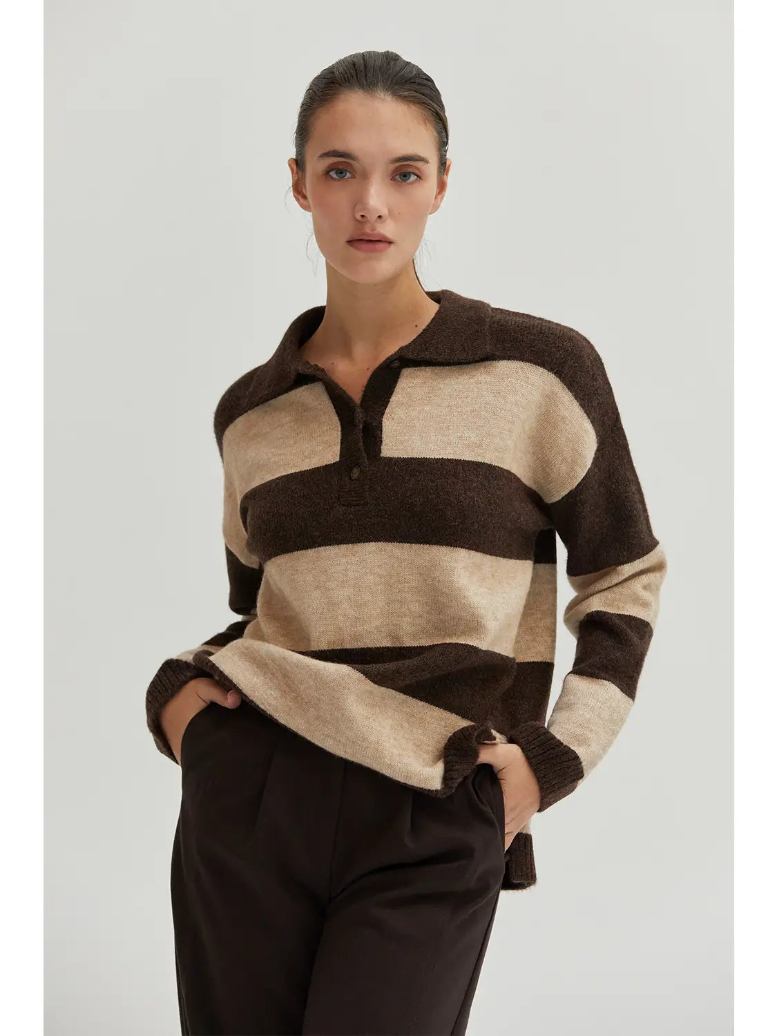 Ellon Big Stripe Polo Sweater - Brown + Tan