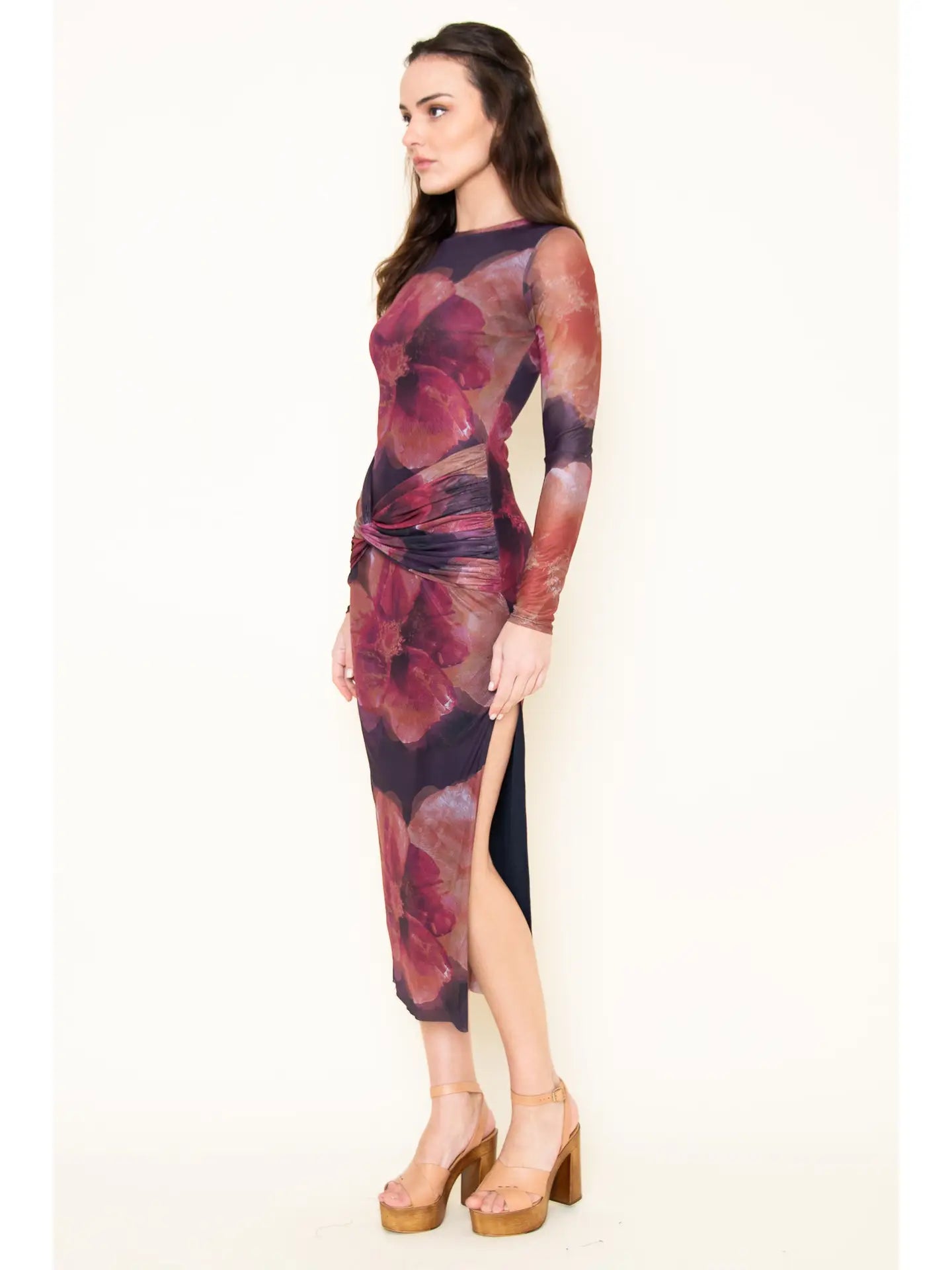 Crew Neck Floral Mesh Maxi Dress - Violet Multi