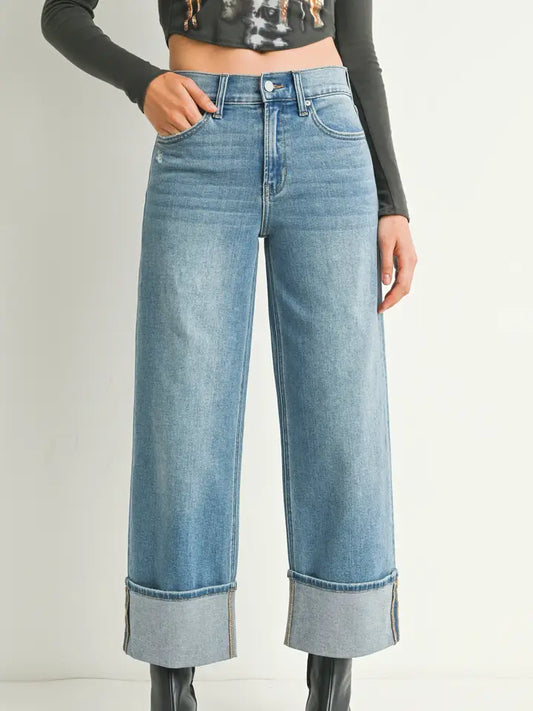 Petite Cuffed Slim Wide Denim Pant - Medium Denim
