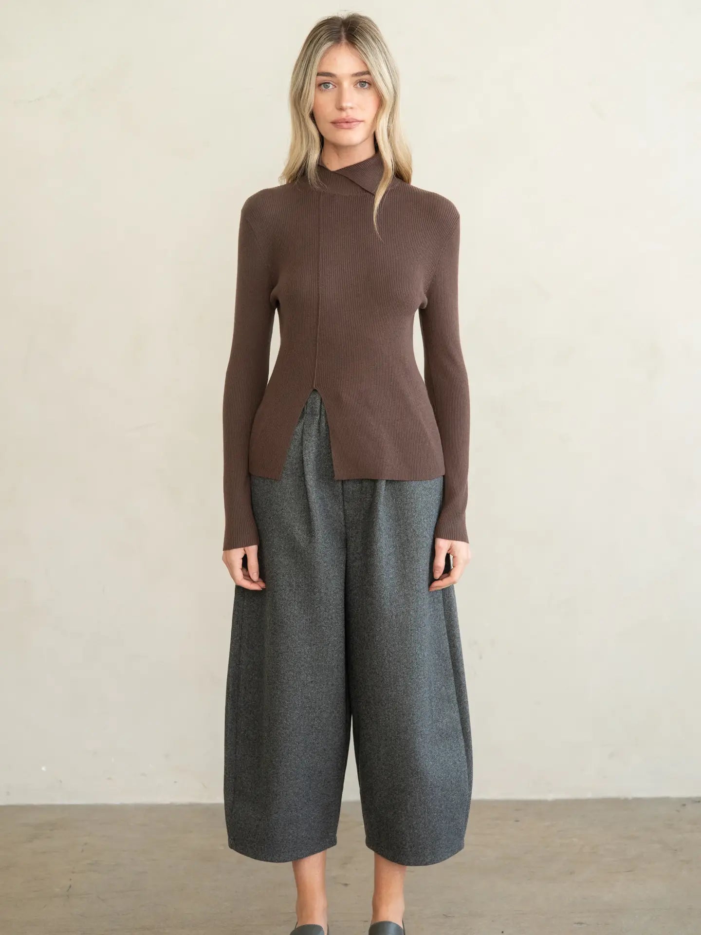 Turtleneck Rib Knit Top - Chocolate