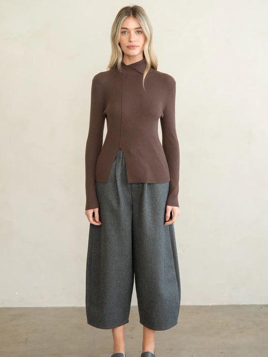 Turtleneck Rib Knit Top - Chocolate