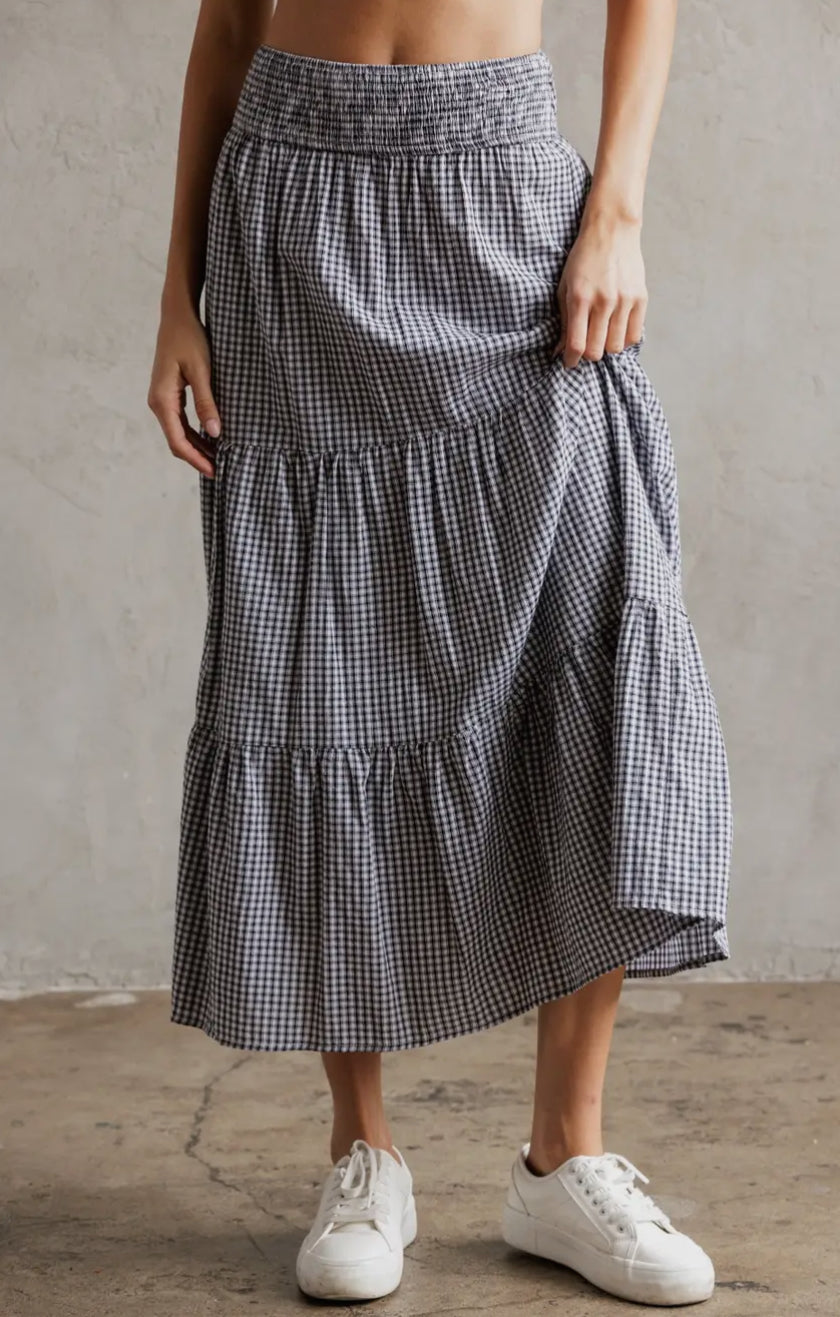 Tiered Midi Skirt - Black & White Gingham