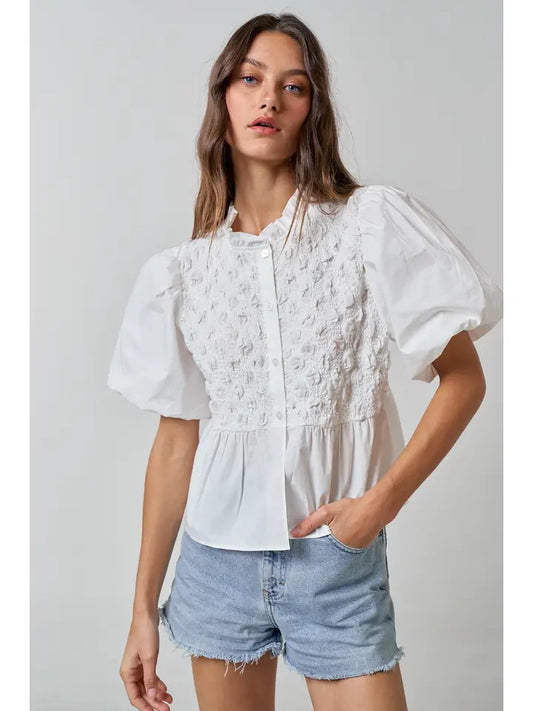 Textured Puff Sleeve Button Front Blouse - Off White