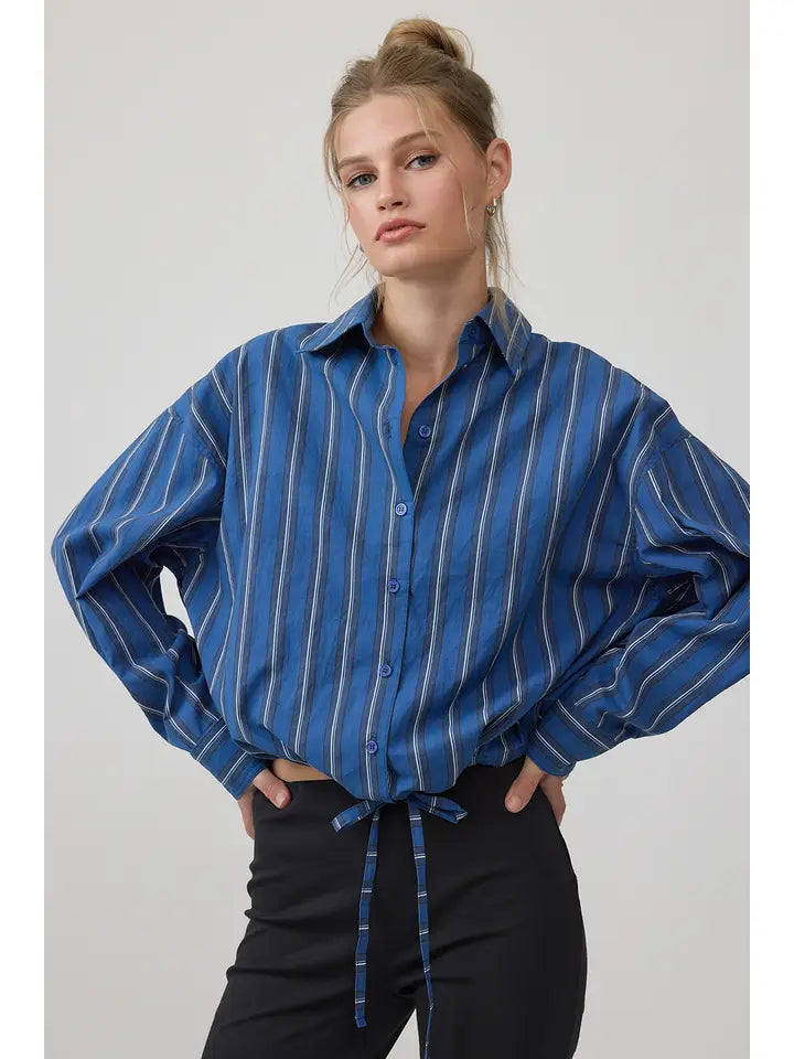 Button Up Drawstring Top - Blue Stripe