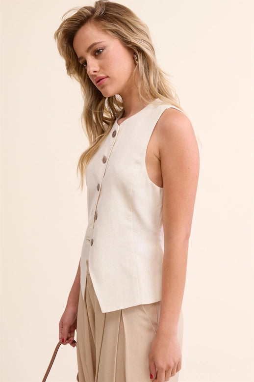 Sleeveless Button Waistcoat Vest - Natural