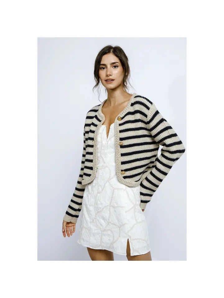 Nautical Stripe Thick Knit Cardigan - Beige & Navy Stripe