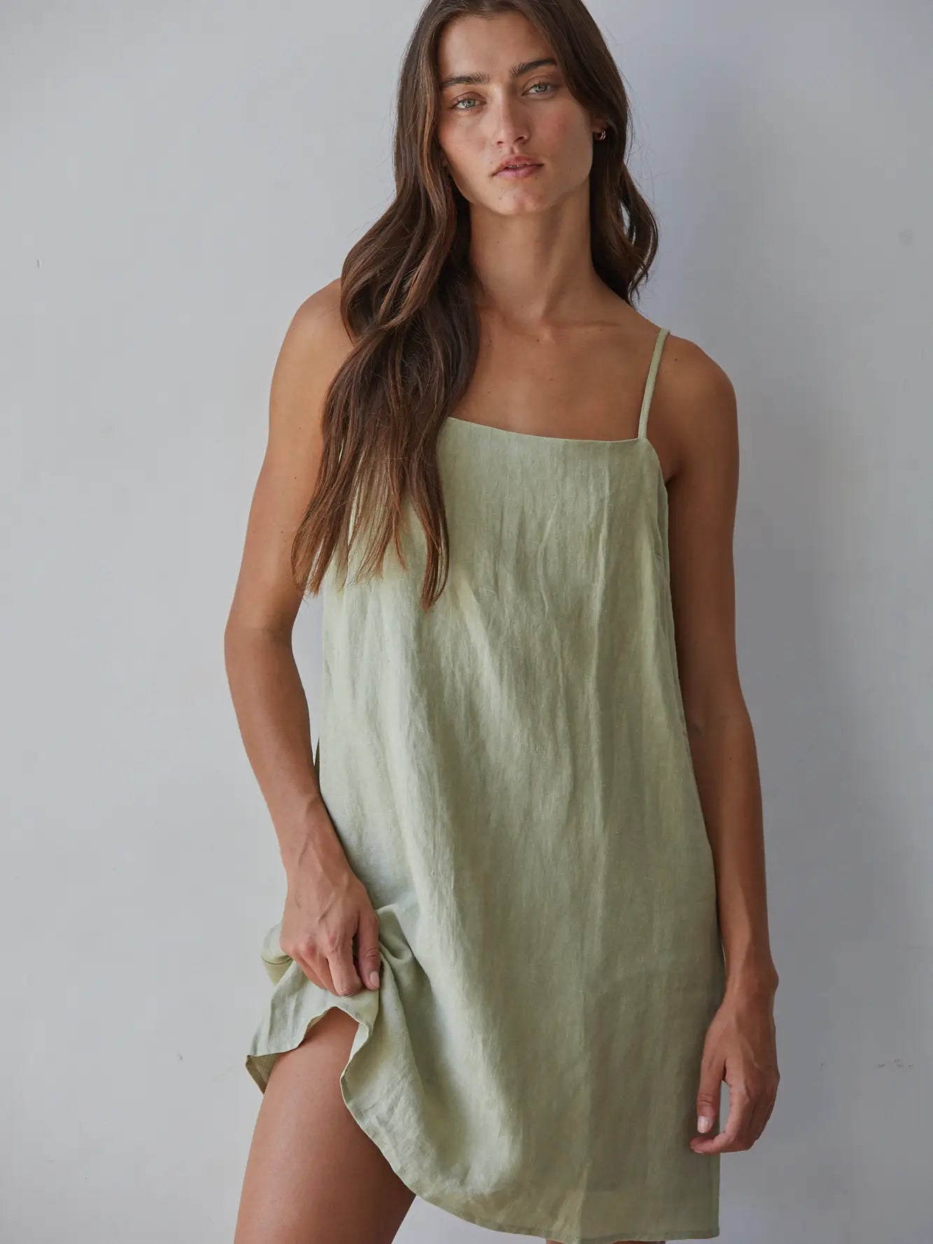 Woven Linen Mini Dress - Dusty Sage