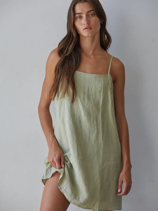 Woven Linen Mini Dress - Dusty Sage