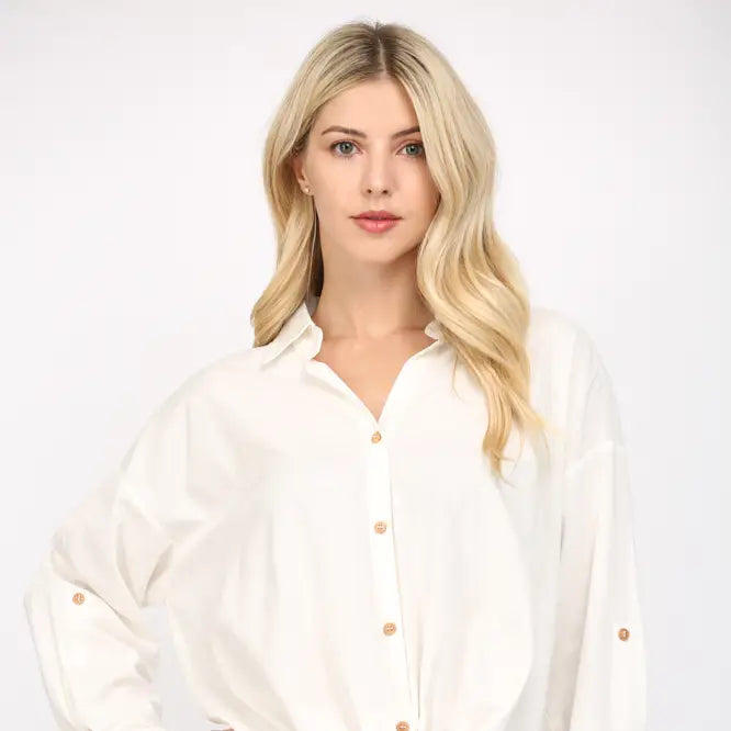 Knotted Front Detail Button Down Shirt - Off White