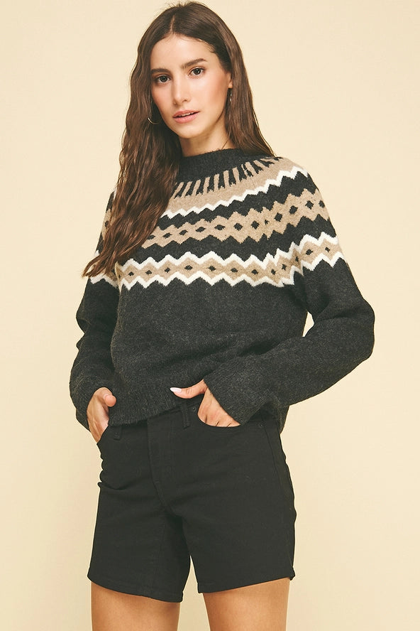 Vintage Geometric Pattern Sweater - Charcoal Multi