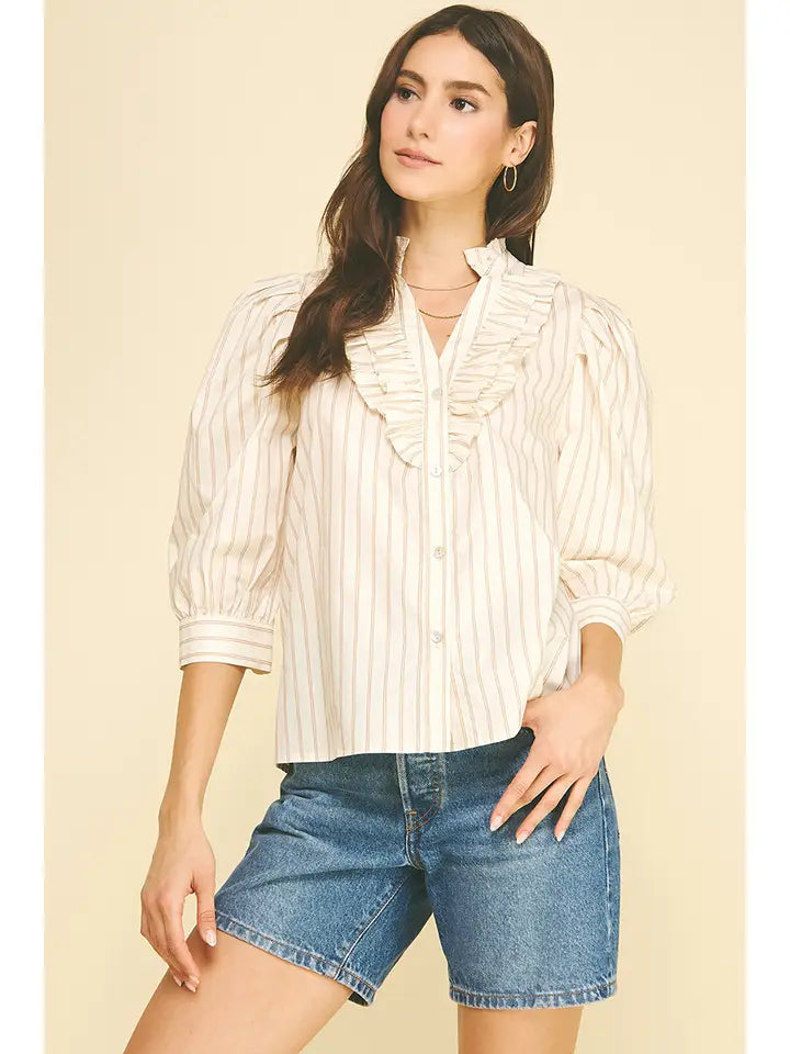 Striped Ruffle Collar Puff Sleeve Blouse - Cream + Taupe
