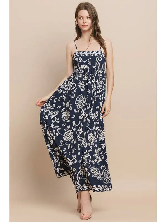 Printed Midi Dress - Navy