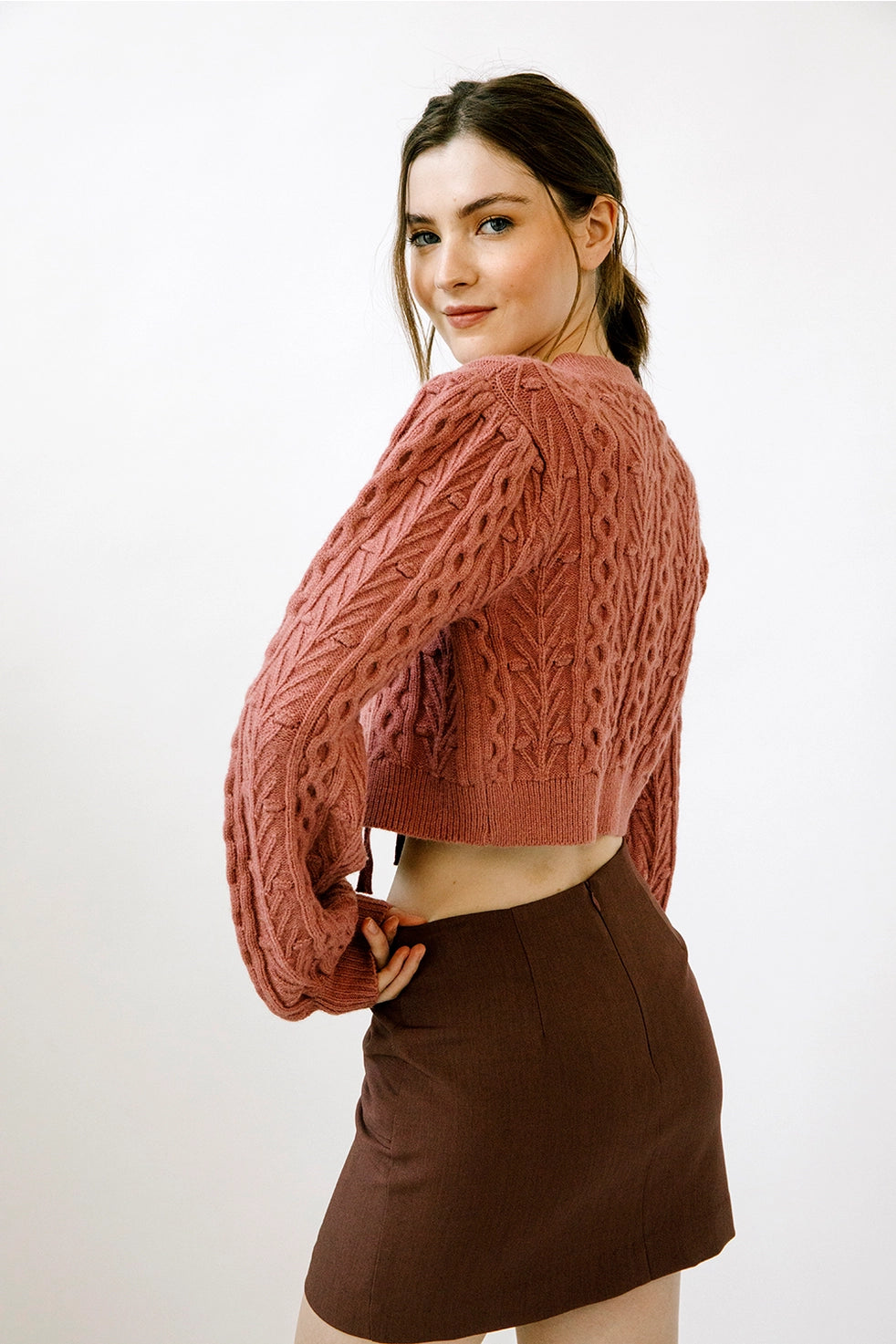 Monochromatic Cable Knit Cardigan - Mauve + Wine