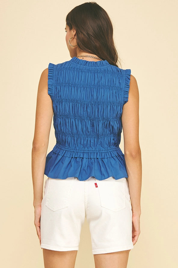 Front-Tie Smocking Top - Blue