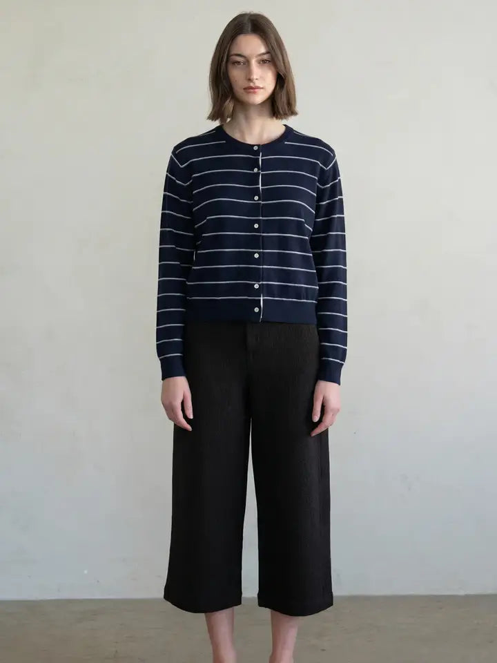 Striped Crew Neck Button Front Cardigan - Navy