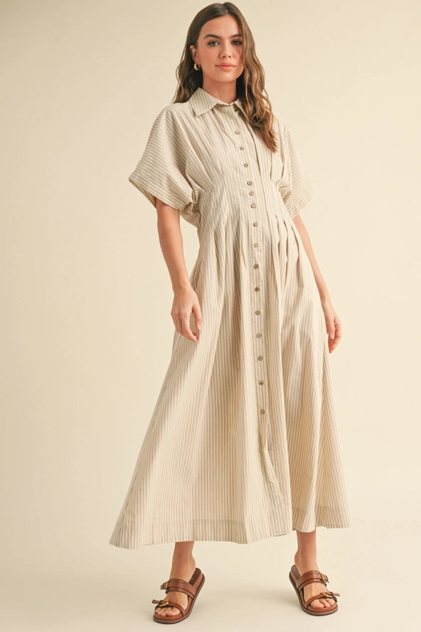 Button Down Dress - Tan Stripe