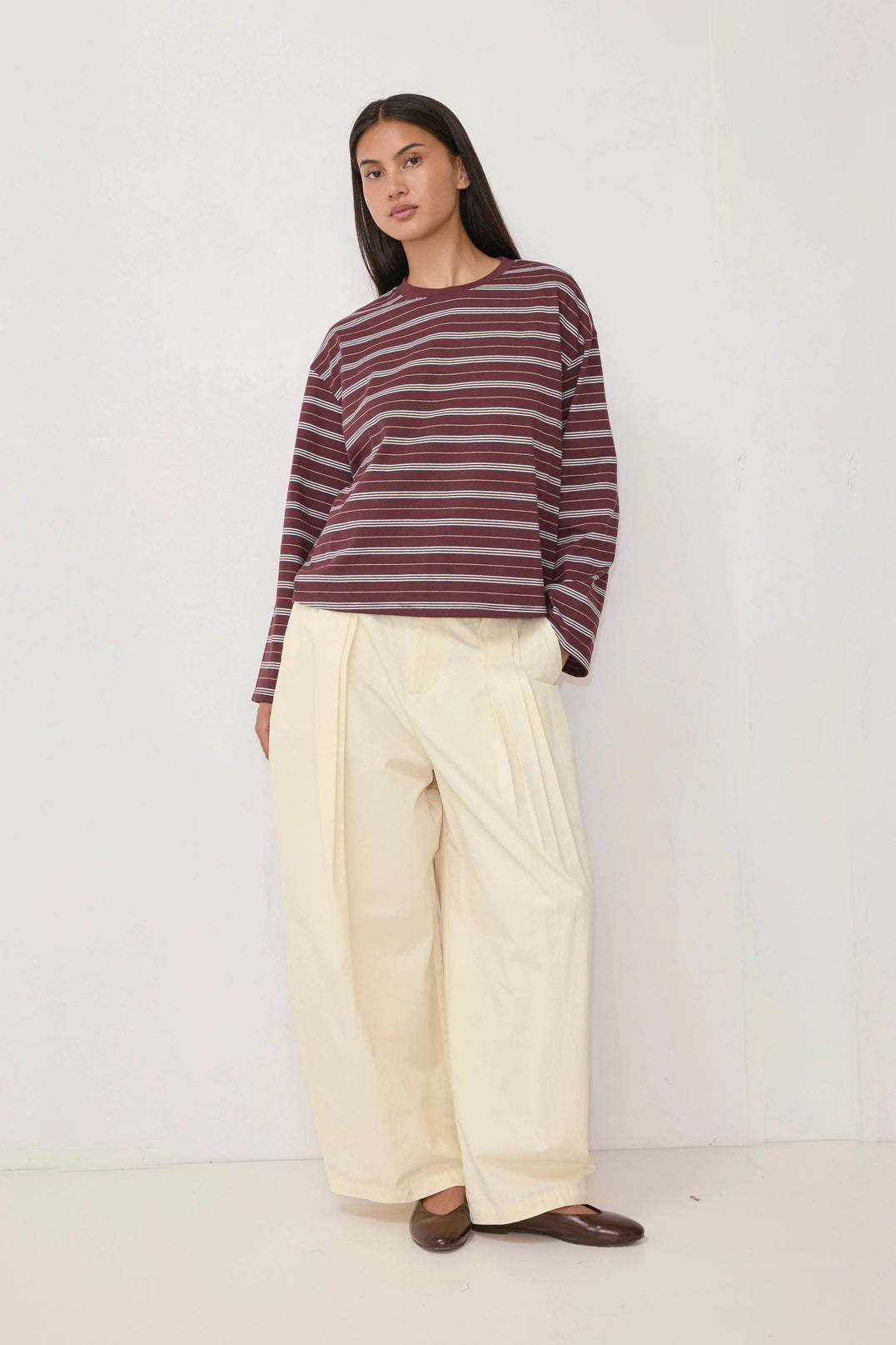 Striped Flare Long Sleeve- Brown