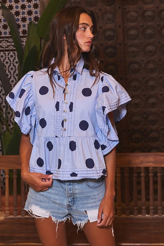 Ruffle Sleeve Pintuck Top - Blue + Navy Polka Dot