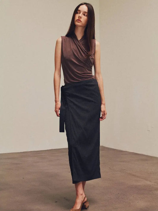 Grade + Gather - Overlap High Neck Sleeveless Top - Chocolate