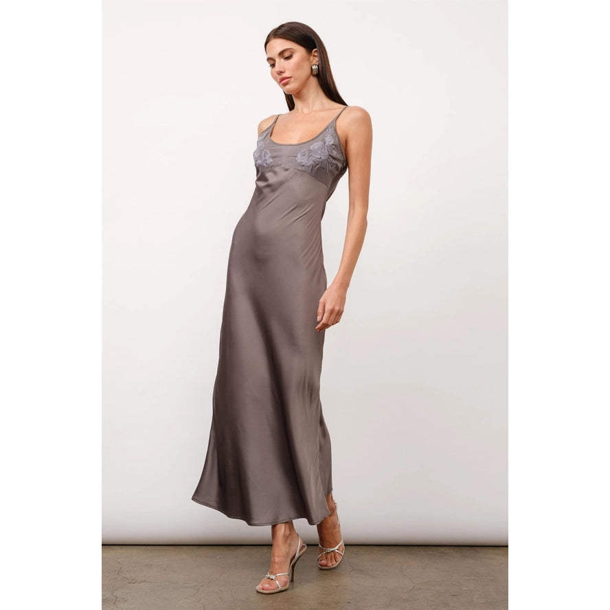 Zaria Embroidery Satin Maxi Dress - Charcoal