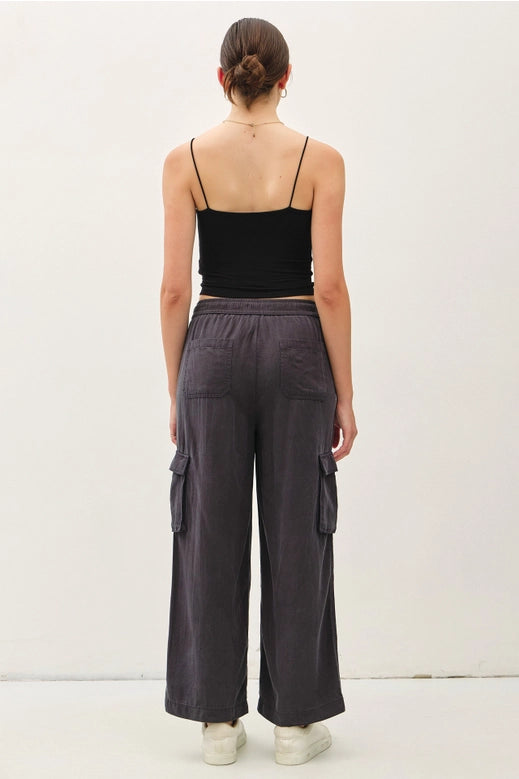 High Rise Drawstring Wide Leg Cargo - Charcoal