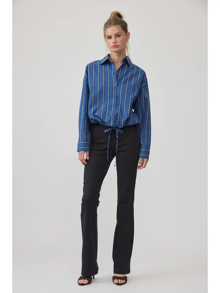 Button Up Drawstring Top - Blue Stripe